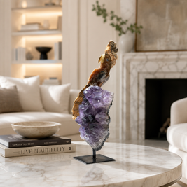 Natural Jasper Crystal Bird Figurine on Amethyst Cluster Base for Protection & Positivity Harmony, 13x34 cm, 2.946 kg