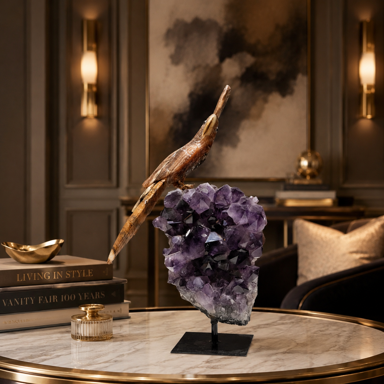 Natural Jasper Crystal Bird Figurine on Amethyst Cluster Base for Protection & Positivity Harmony, 13x34 cm, 2.946 kg