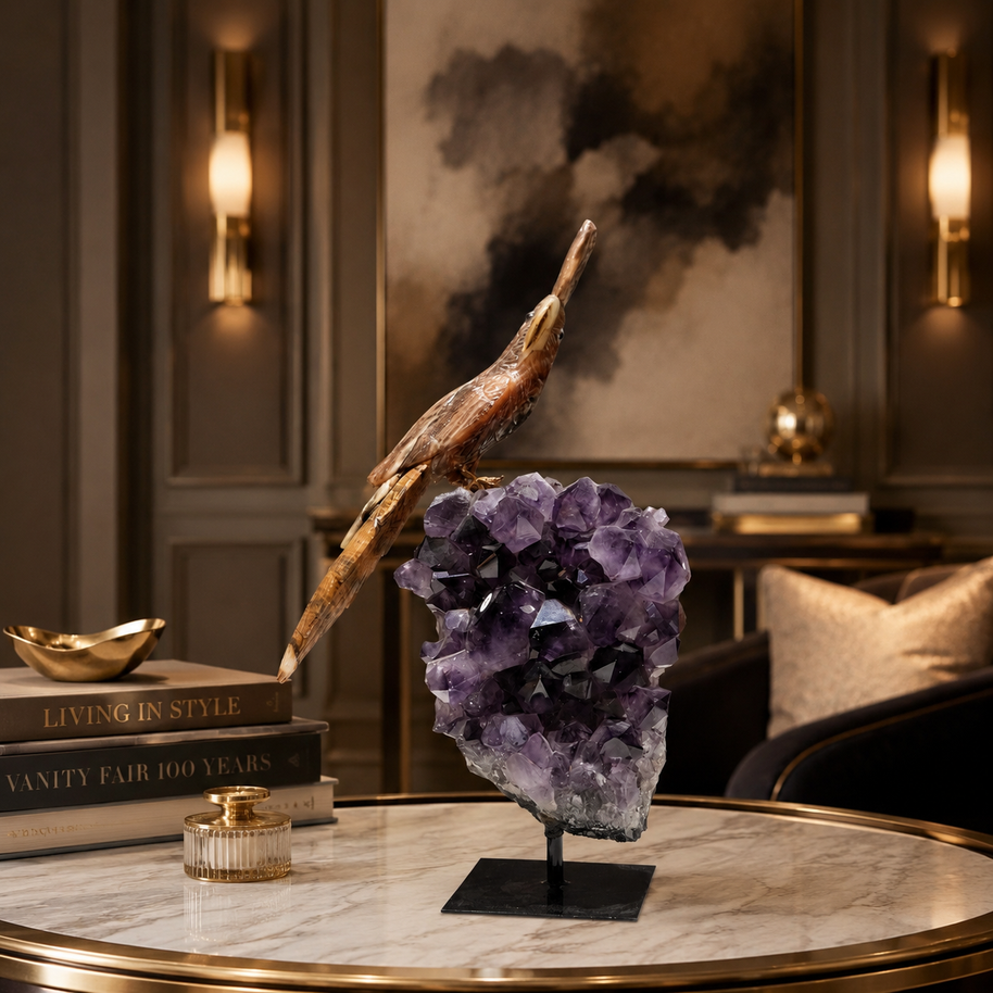 Natural Jasper Crystal Bird Figurine on Amethyst Cluster Base for Protection & Positivity Harmony, 13x34 cm, 2.946 kg