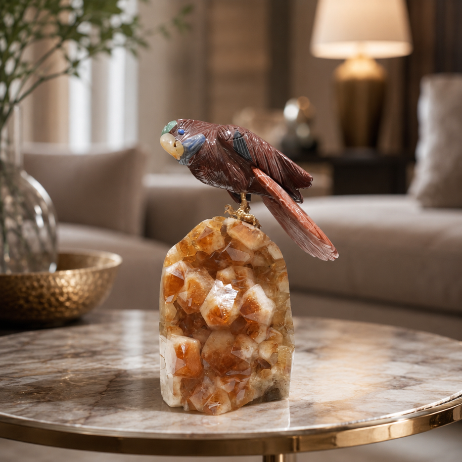 Natural Jasper Crystal Bird Figurine on Citrine Cluster Base for Protection & Positivity Harmony, 10x23 cm, 2.646 kg