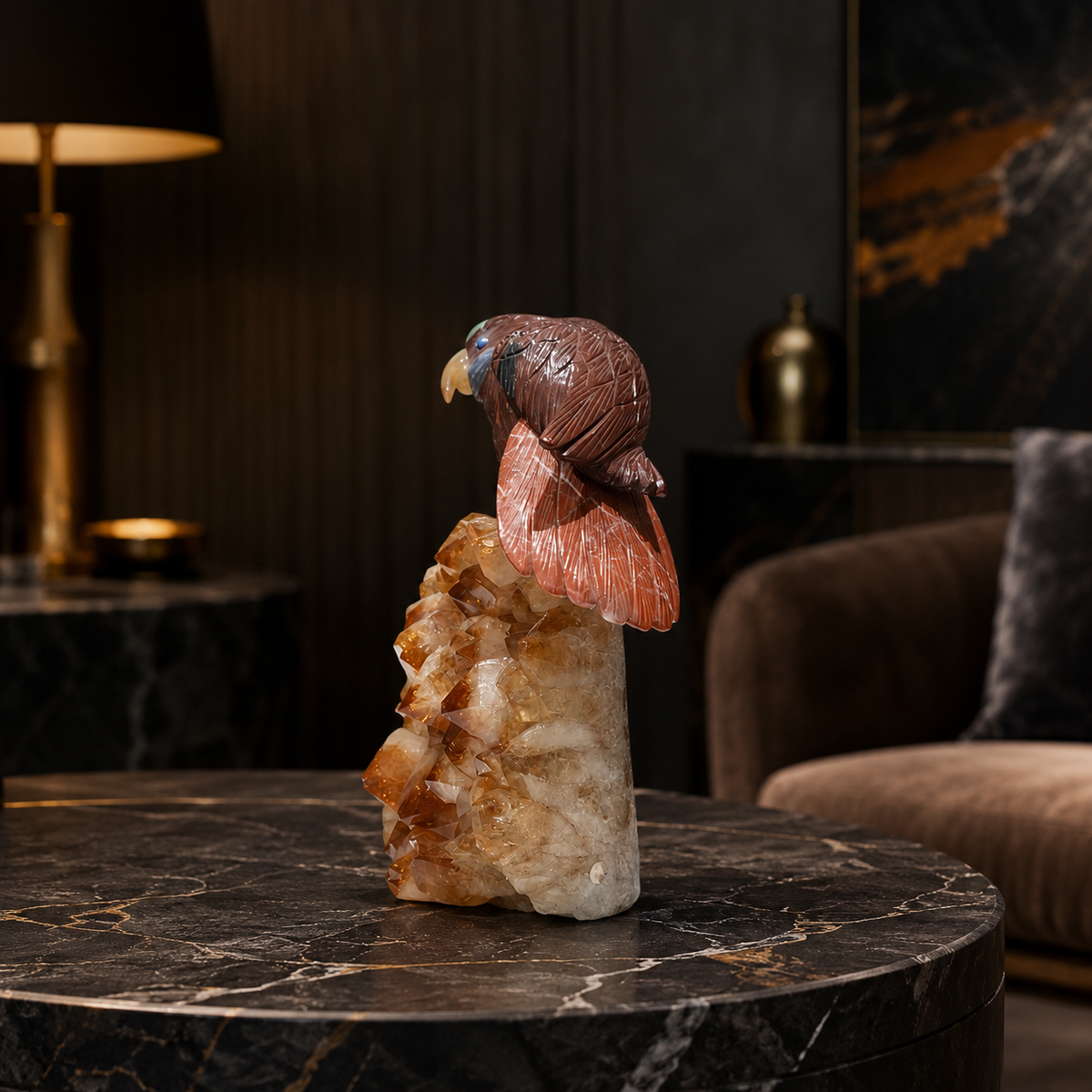 Natural Jasper Crystal Bird Figurine on Citrine Cluster Base for Protection & Positivity Harmony, 10x23 cm, 2.646 kg
