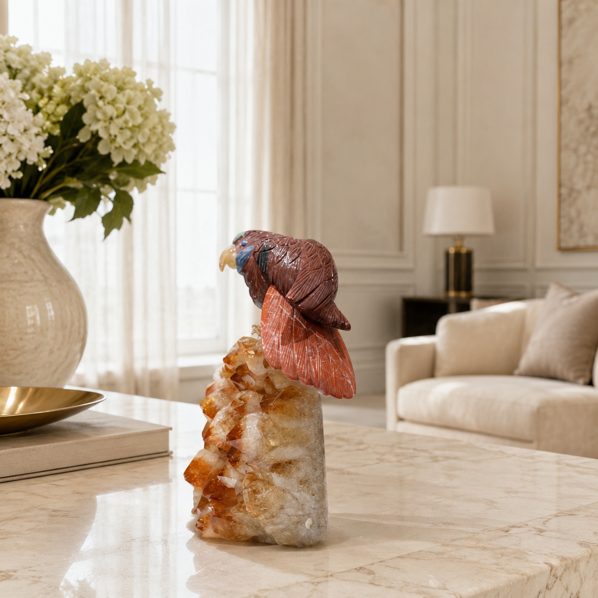 Natural Jasper Crystal Bird Figurine on Citrine Cluster Base for Protection & Positivity Harmony, 10x23 cm, 2.646 kg
