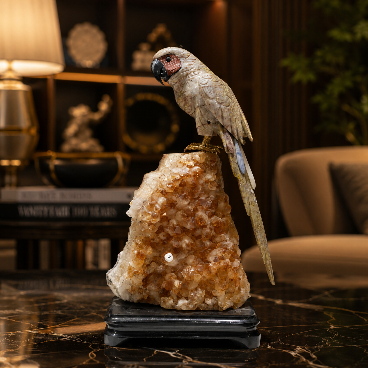 Natural Green Aventurine Crystal Bird Figurine on Citrine Cluster Base for Protection & Positivity Harmony, 15x32 cm, 3.533 kg