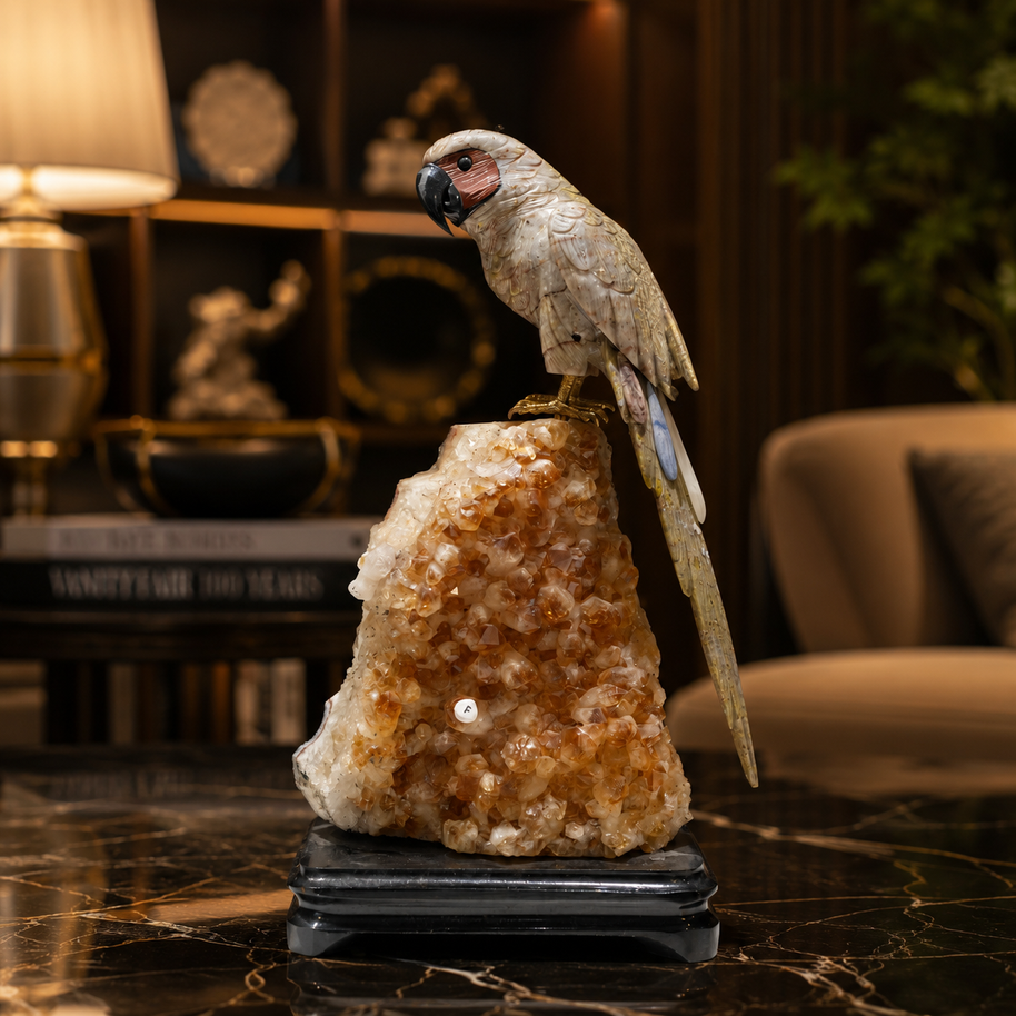 Natural Green Aventurine Crystal Bird Figurine on Citrine Cluster Base for Protection & Positivity Harmony, 15x32 cm, 3.533 kg