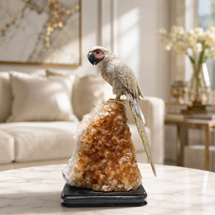 Natural Green Aventurine Crystal Bird Figurine on Citrine Cluster Base for Protection & Positivity Harmony, 15x32 cm, 3.533 kg