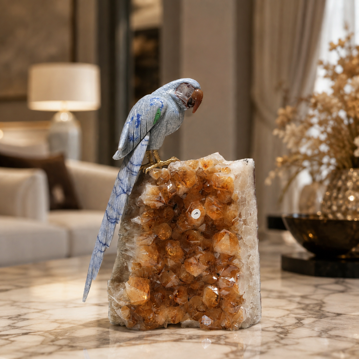 Natural Sodalite & Jasper Crystal Bird Figurine on Citrine Cluster Base for Protection & Positivity Harmony, 14x26 cm, 2.914 kg