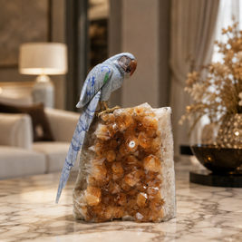 Natural Sodalite & Jasper Crystal Bird Figurine on Citrine Cluster Base for Protection & Positivity Harmony, 14x26 cm, 2.914 kg