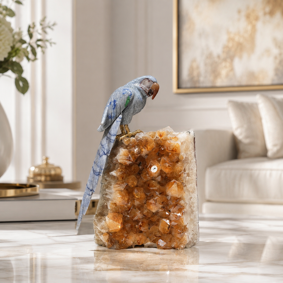 Natural Sodalite & Jasper Crystal Bird Figurine on Citrine Cluster Base for Protection & Positivity Harmony, 14x26 cm, 2.914 kg