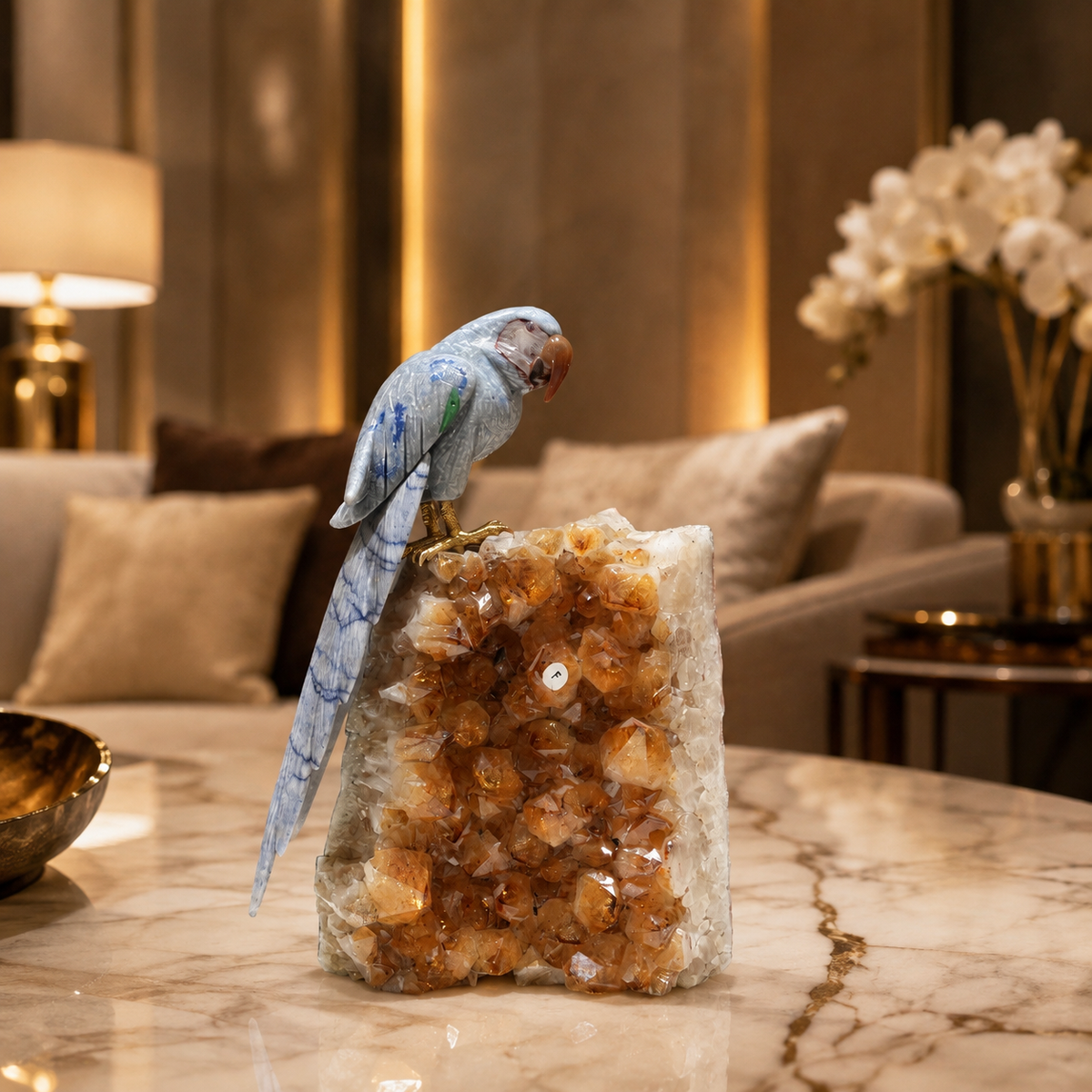 Natural Sodalite & Jasper Crystal Bird Figurine on Citrine Cluster Base for Protection & Positivity Harmony, 14x26 cm, 2.914 kg