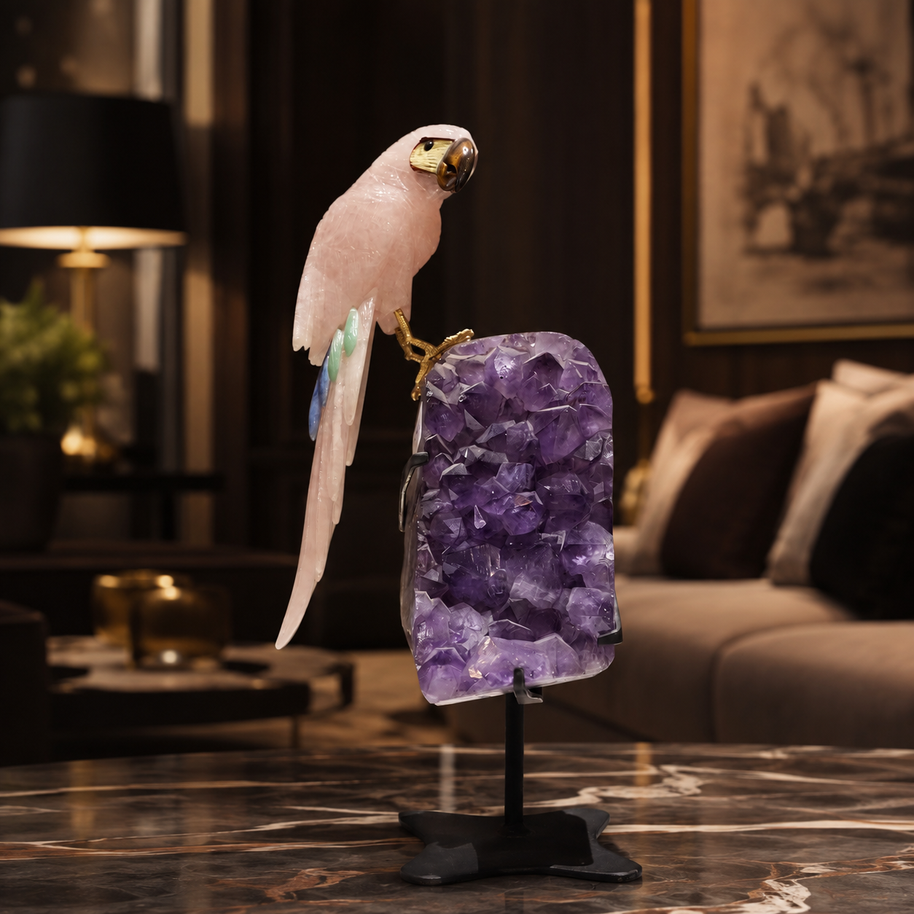 Natural Rose Quartz Crystal Bird Figurine on Amethyst Cluster Base for Protection & Positivity Harmony, 10x37 cm, 4.24 kg