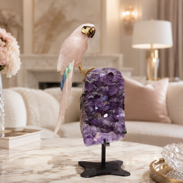 Natural Rose Quartz Crystal Bird Figurine on Amethyst Cluster Base for Protection & Positivity Harmony, 10x37 cm, 4.24 kg