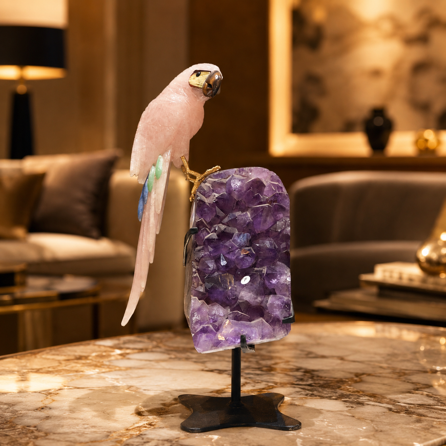 Natural Rose Quartz Crystal Bird Figurine on Amethyst Cluster Base for Protection & Positivity Harmony, 10x37 cm, 4.24 kg