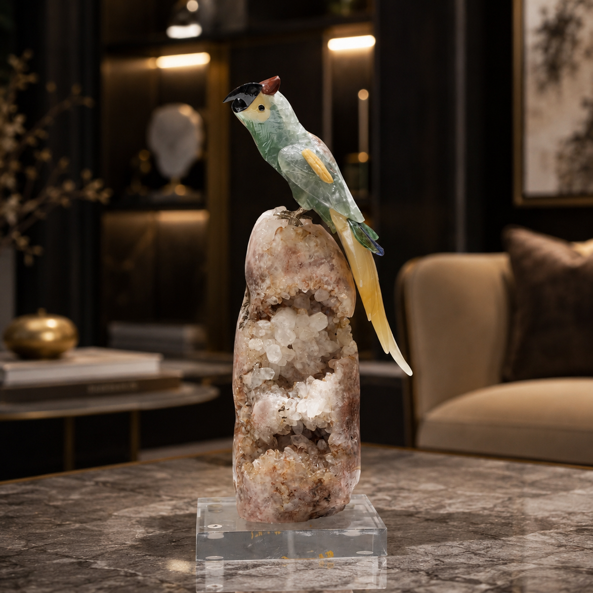 Natural Green Aventurine Crystal Bird Figurine on Quartz Geode Base for Protection & Positivity Harmony, 33x13 cm, 3.107 kg