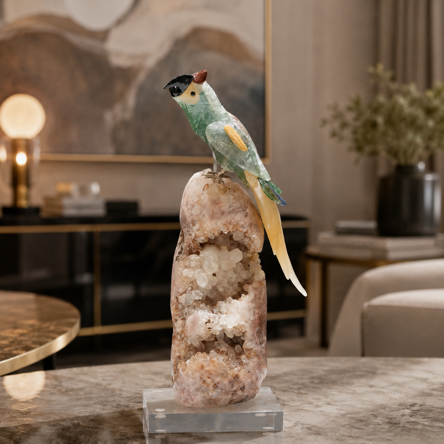 Natural Green Aventurine Crystal Bird Figurine on Quartz Geode Base for Protection & Positivity Harmony, 33x13 cm, 3.107 kg