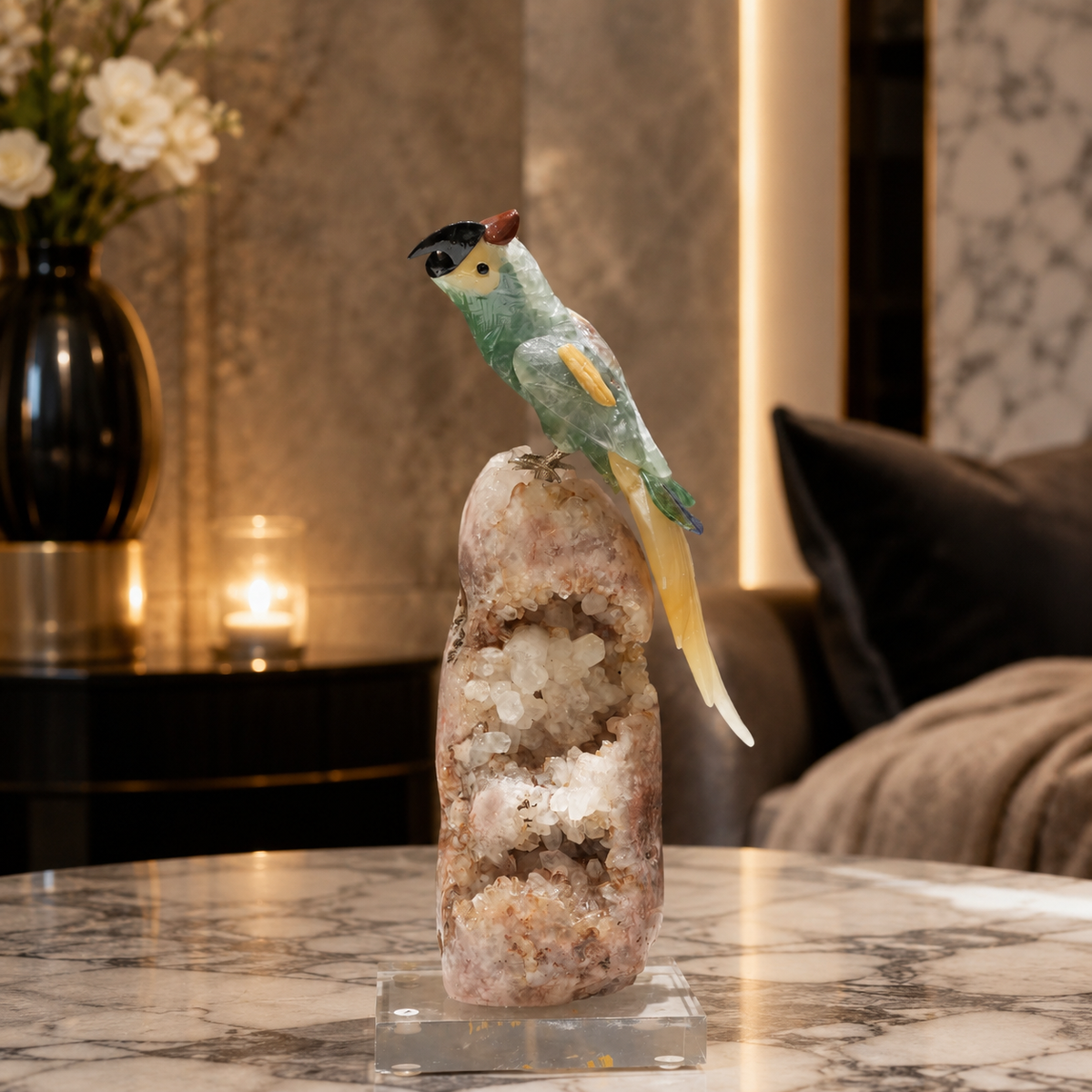 Natural Green Aventurine Crystal Bird Figurine on Quartz Geode Base for Protection & Positivity Harmony, 33x13 cm, 3.107 kg