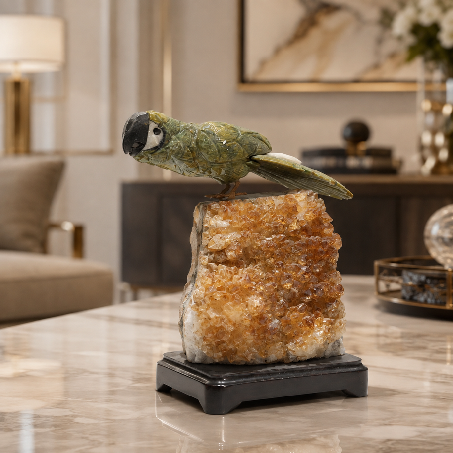 Natural Green Aventurine Crystal Bird Figurine on Citrine Cluster Base for Protection & Positivity Harmony, 13x22 cm, 2.805 kg