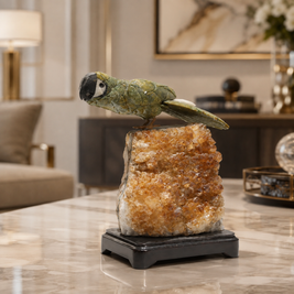 Natural Green Aventurine Crystal Bird Figurine on Citrine Cluster Base for Protection & Positivity Harmony, 13x22 cm, 2.805 kg