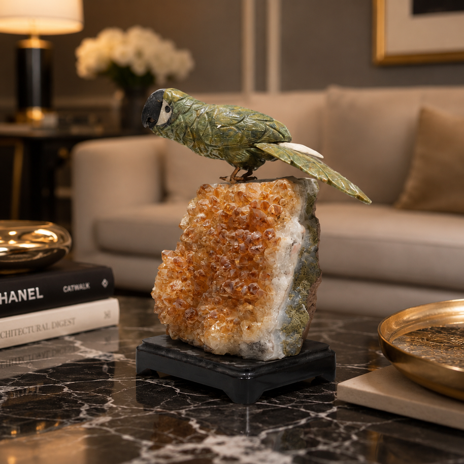 Natural Green Aventurine Crystal Bird Figurine on Citrine Cluster Base for Protection & Positivity Harmony, 13x22 cm, 2.805 kg