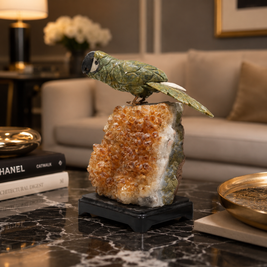 Natural Green Aventurine Crystal Bird Figurine on Citrine Cluster Base for Protection & Positivity Harmony, 13x22 cm, 2.805 kg