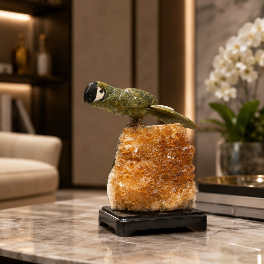 Natural Green Aventurine Crystal Bird Figurine on Citrine Cluster Base for Protection & Positivity Harmony, 13x22 cm, 2.805 kg