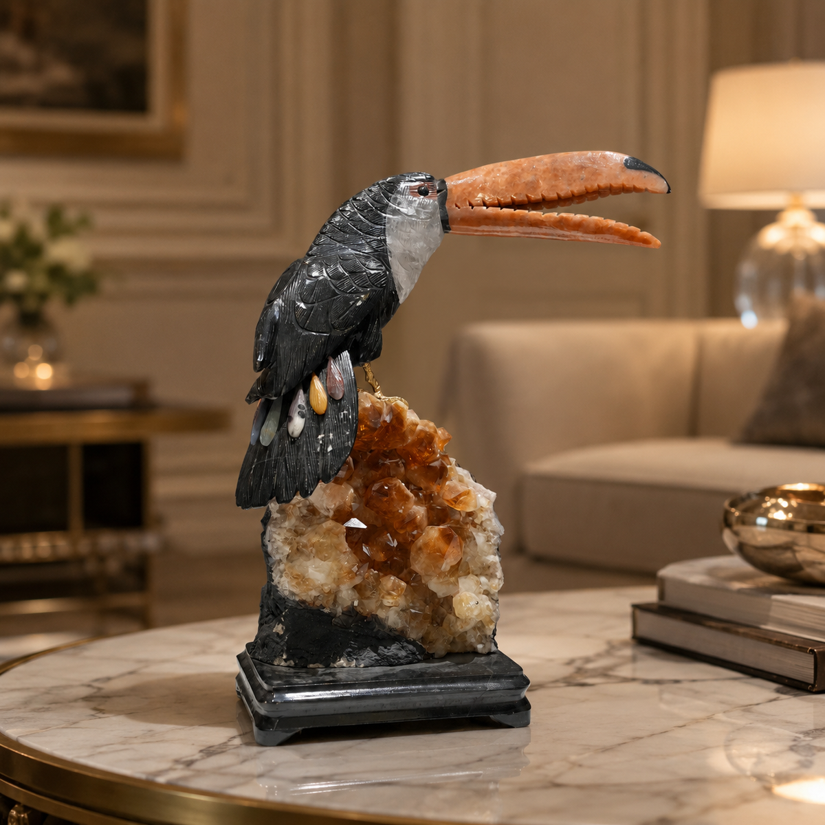 Natural Jasper & Calcite Crystal Bird Figurine on Citrine Cluster Base for Protection & Positivity Harmony, 16x36 cm, 4.762 kg