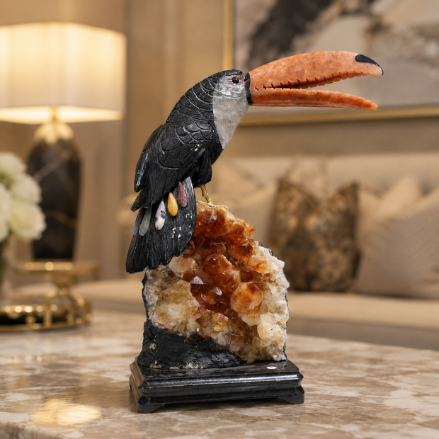 Natural Jasper & Calcite Crystal Bird Figurine on Citrine Cluster Base for Protection & Positivity Harmony, 16x36 cm, 4.762 kg