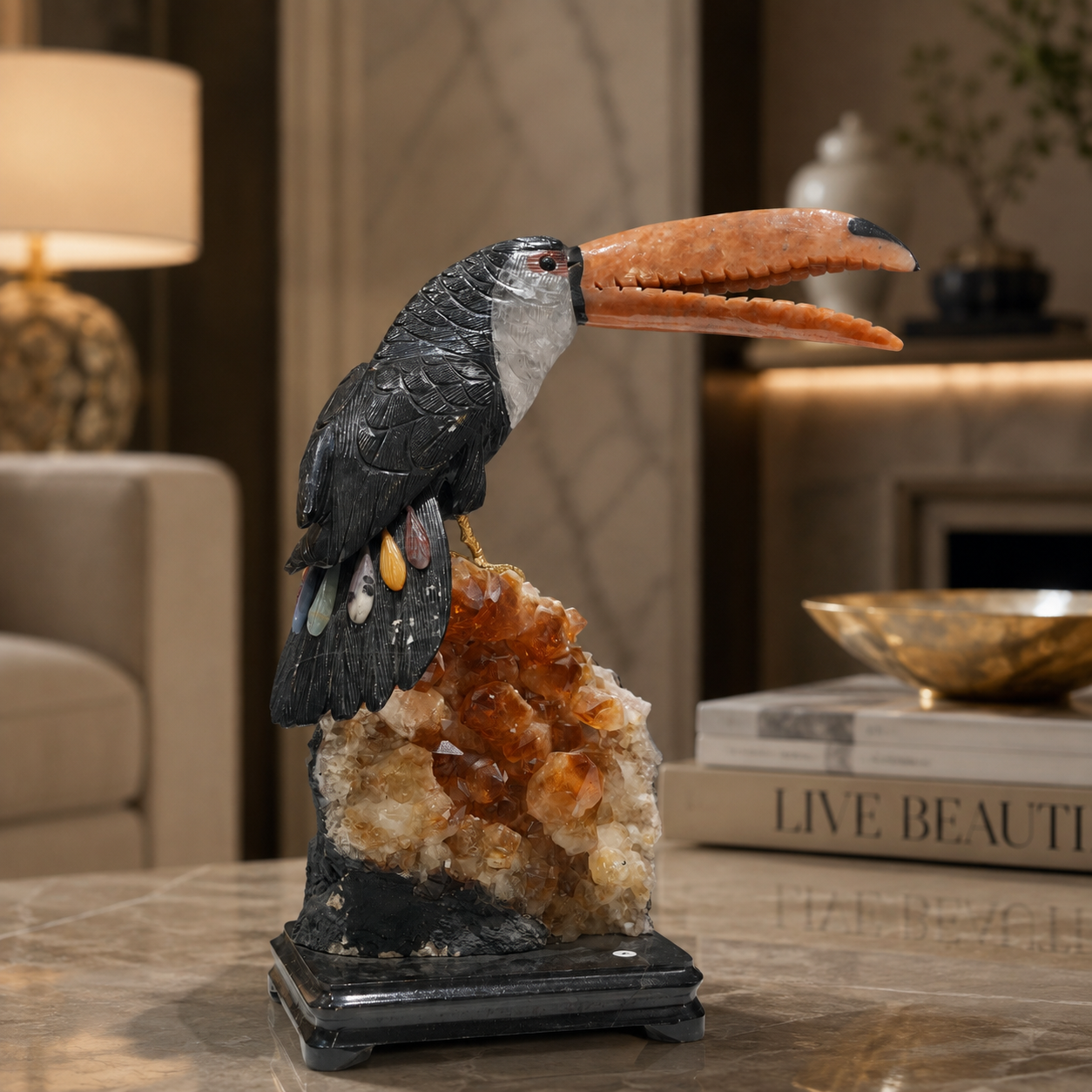 Natural Jasper & Calcite Crystal Bird Figurine on Citrine Cluster Base for Protection & Positivity Harmony, 16x36 cm, 4.762 kg