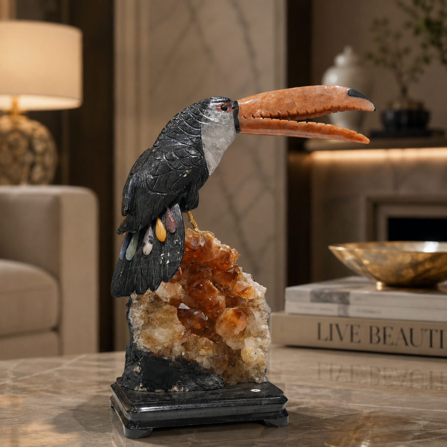 Natural Jasper & Calcite Crystal Bird Figurine on Citrine Cluster Base for Protection & Positivity Harmony, 16x36 cm, 4.762 kg
