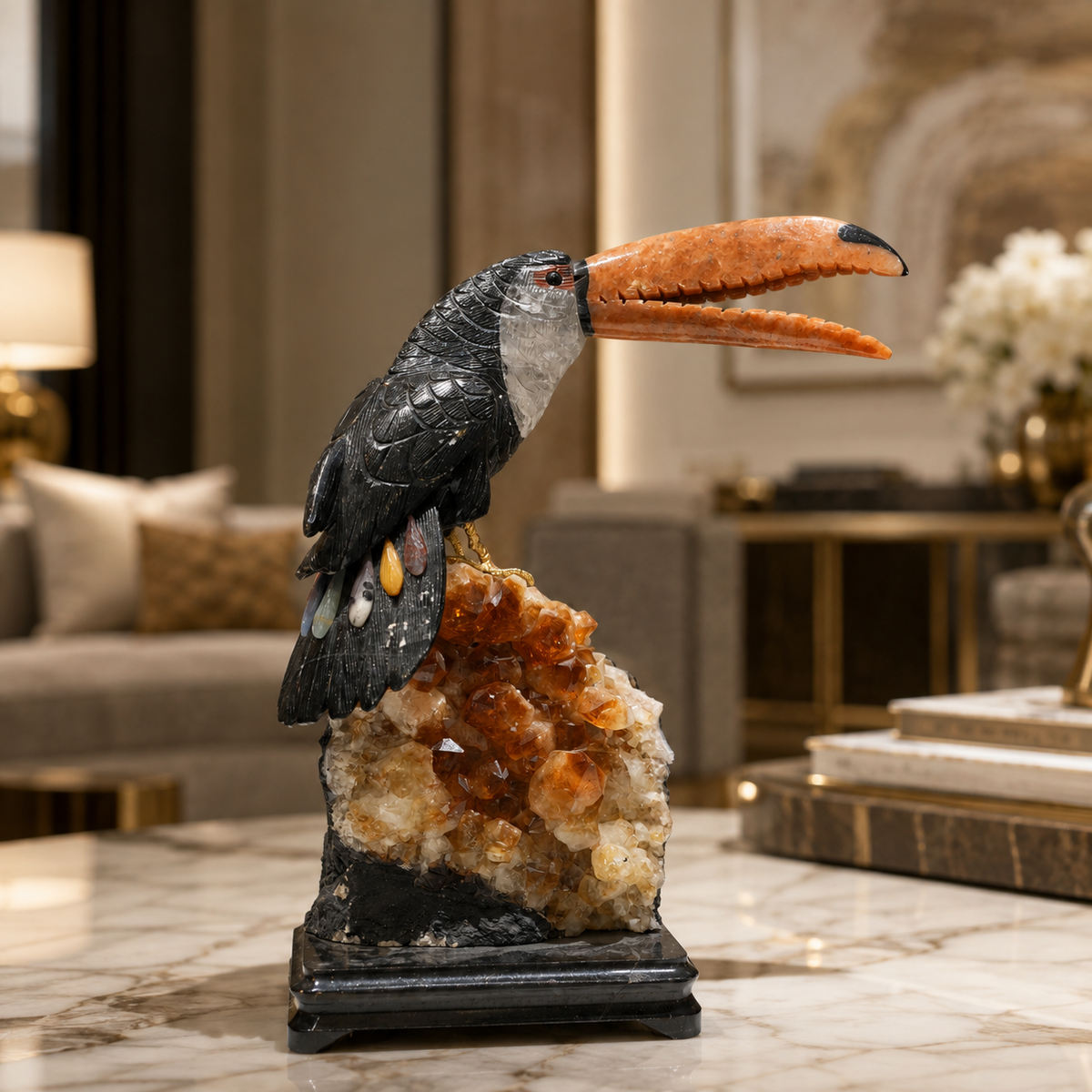 Natural Jasper & Calcite Crystal Bird Figurine on Citrine Cluster Base for Protection & Positivity Harmony, 16x36 cm, 4.762 kg