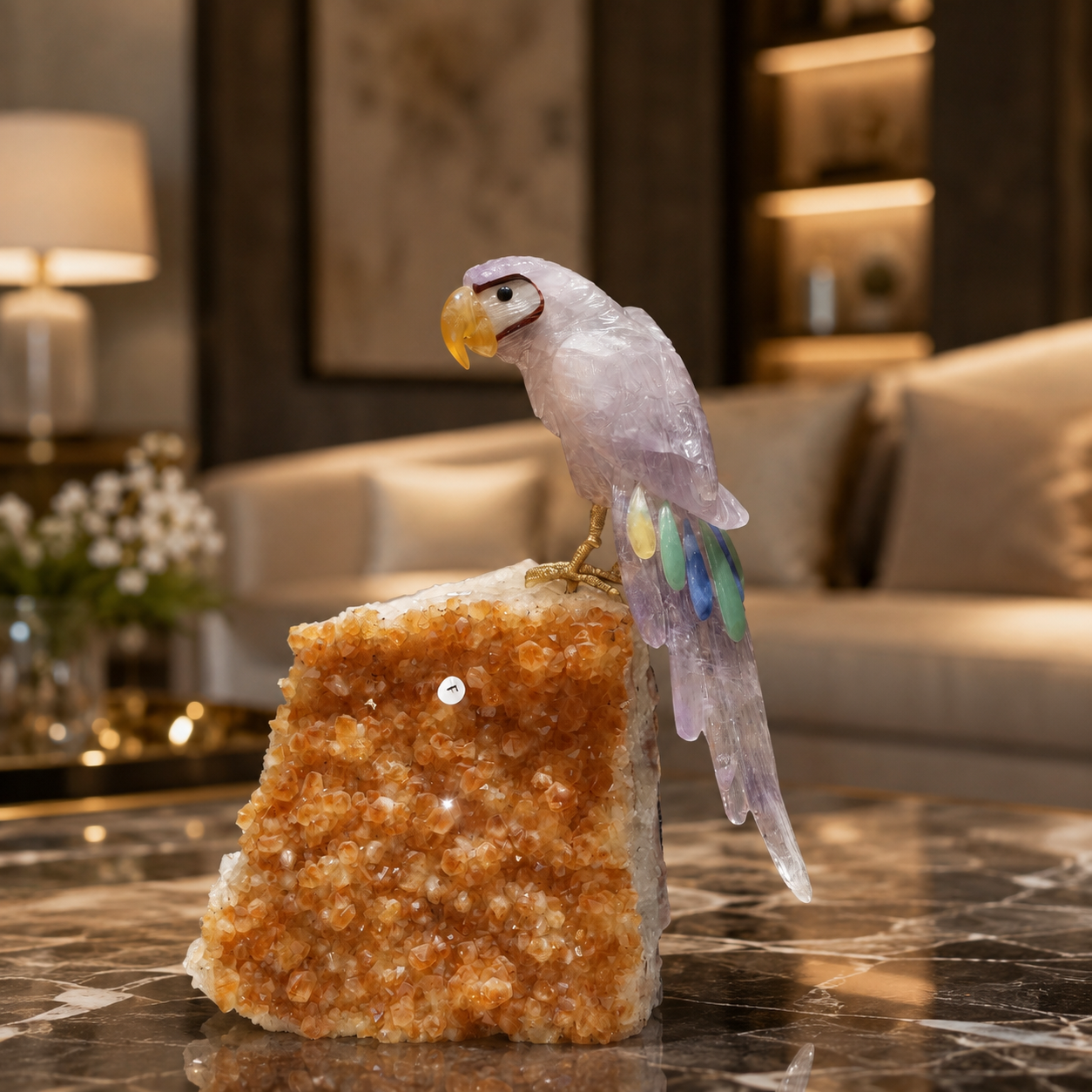 Natural Quartz Crystal Bird Figurine on Citrine Cluster Base for Protection & Positivity Harmony, 16x28 cm, 3.759 kg