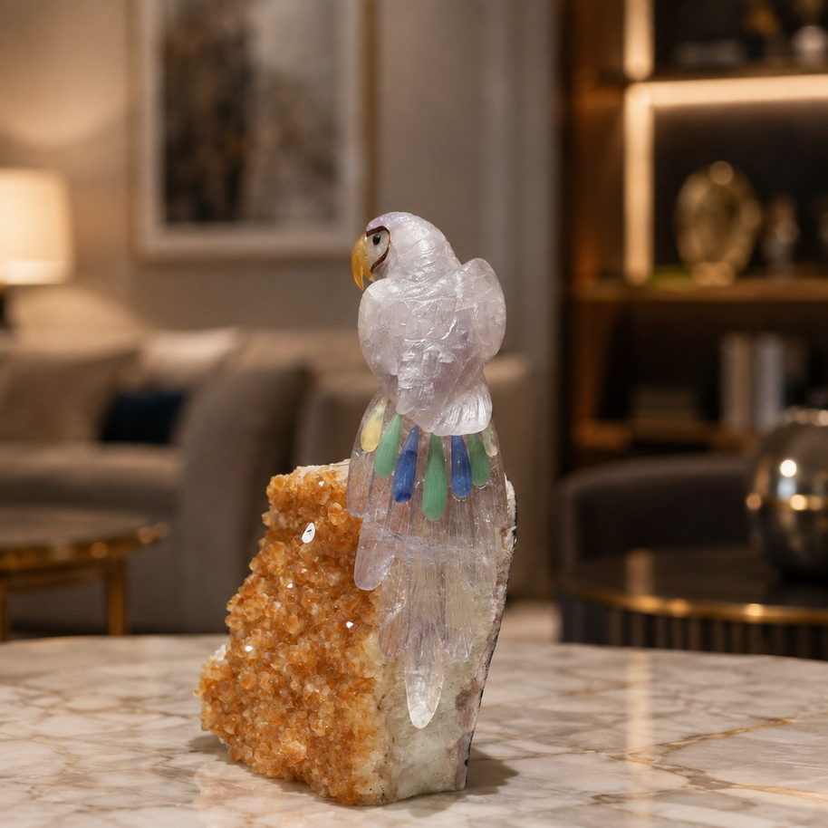 Natural Quartz Crystal Bird Figurine on Citrine Cluster Base for Protection & Positivity Harmony, 16x28 cm, 3.759 kg