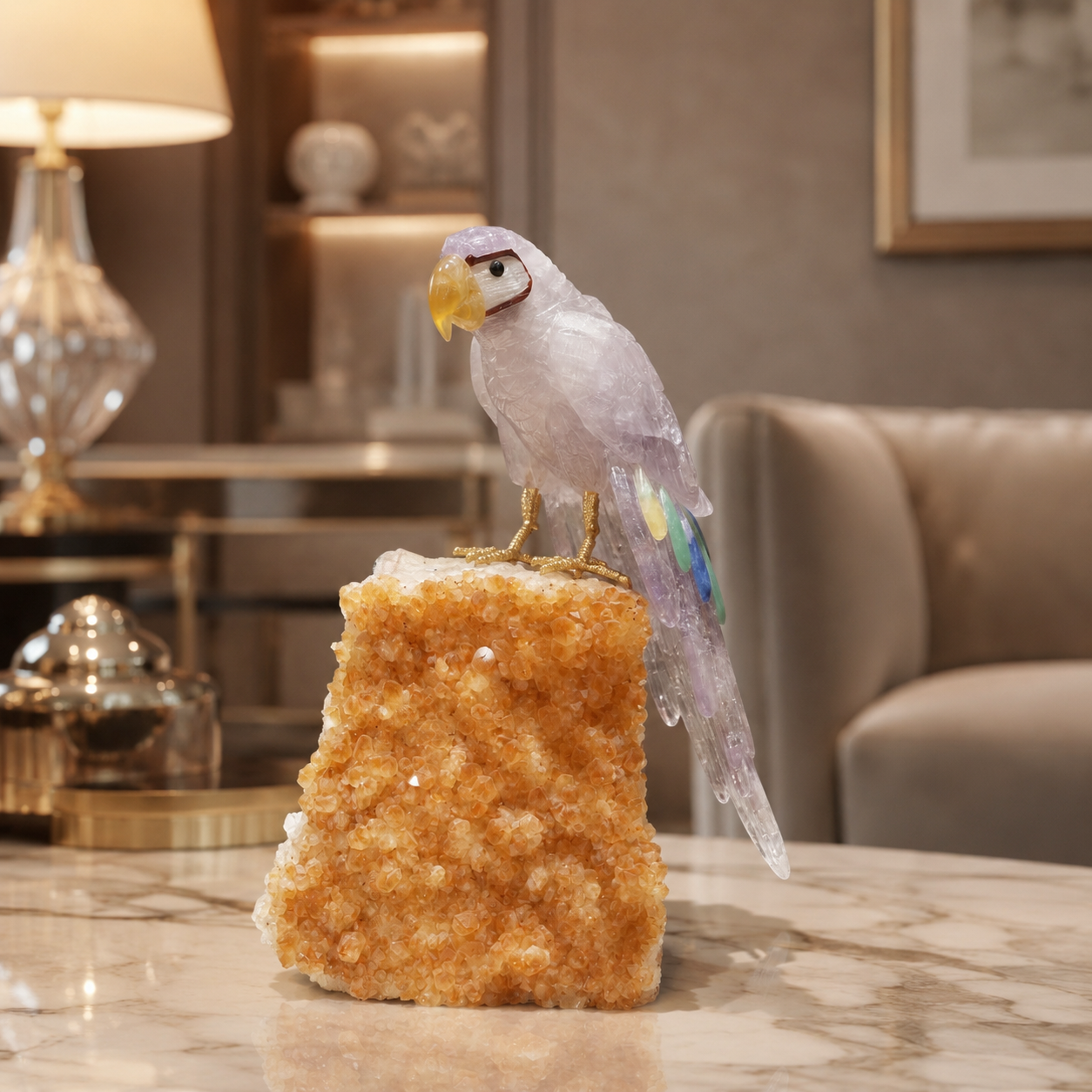 Natural Quartz Crystal Bird Figurine on Citrine Cluster Base for Protection & Positivity Harmony, 16x28 cm, 3.759 kg