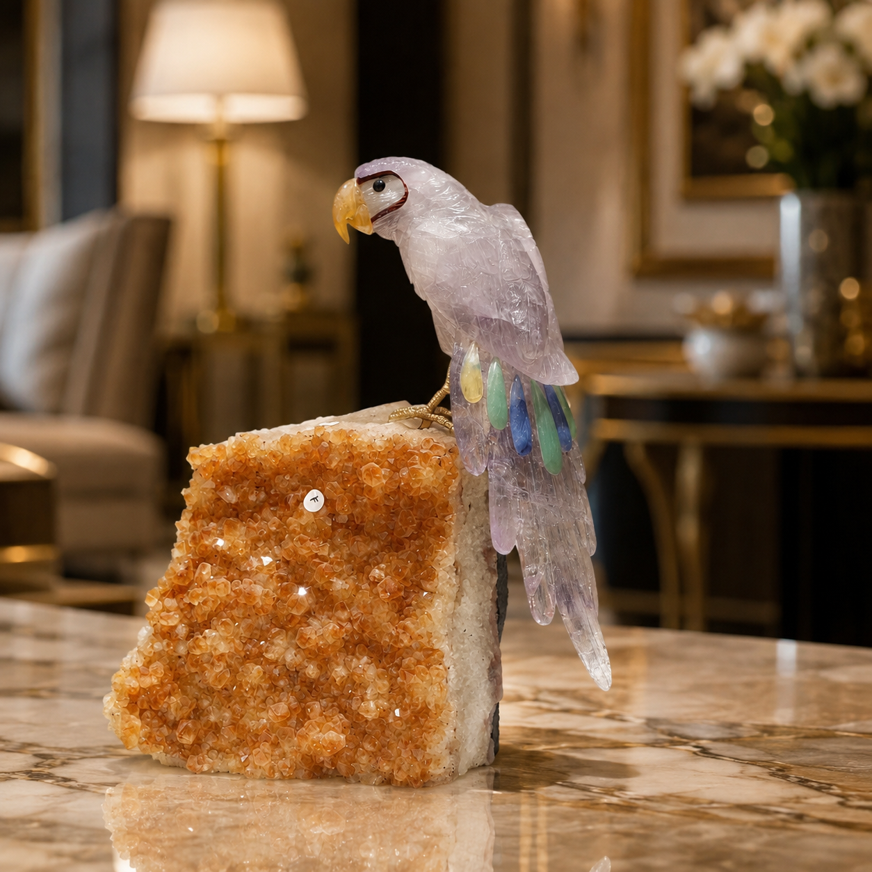 Natural Quartz Crystal Bird Figurine on Citrine Cluster Base for Protection & Positivity Harmony, 16x28 cm, 3.759 kg