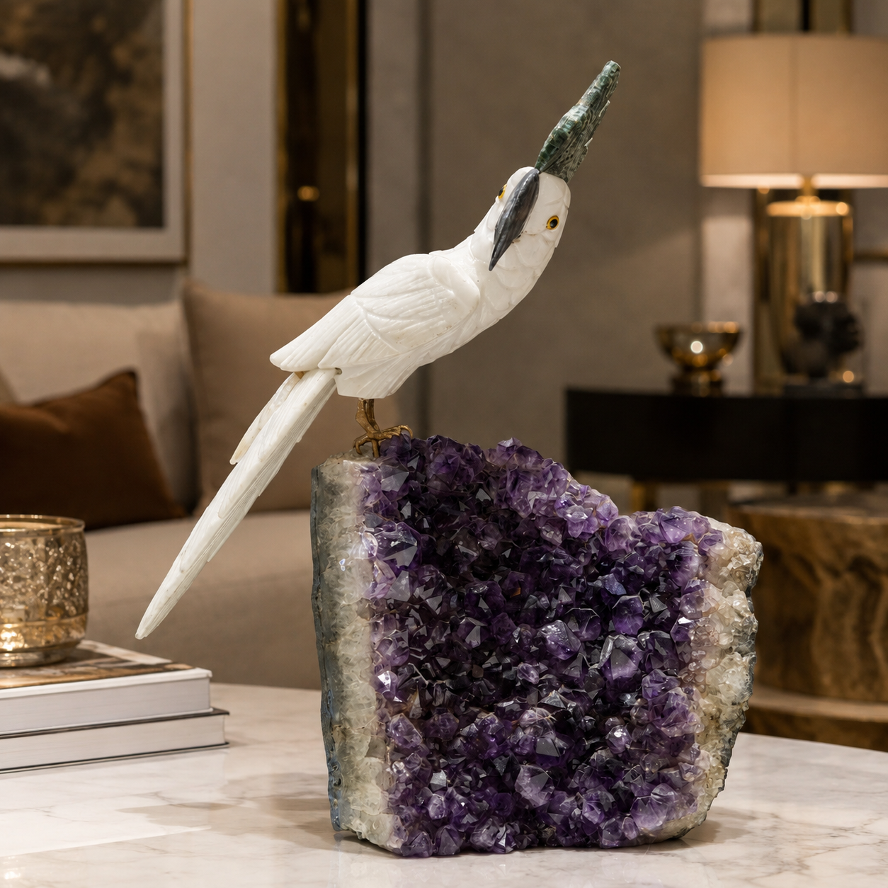 Natural Quartz Crystal Bird Figurine on Amethyst Cluster Base for Protection & Positivity Harmony, 41x19 cm, 5.549 kg