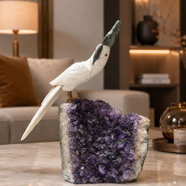 Natural Quartz Crystal Bird Figurine on Amethyst Cluster Base for Protection & Positivity Harmony, 41x19 cm, 5.549 kg