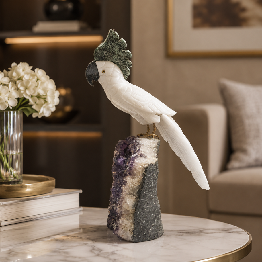 Natural Quartz Crystal Bird Figurine on Amethyst Cluster Base for Protection & Positivity Harmony, 41x19 cm, 5.549 kg