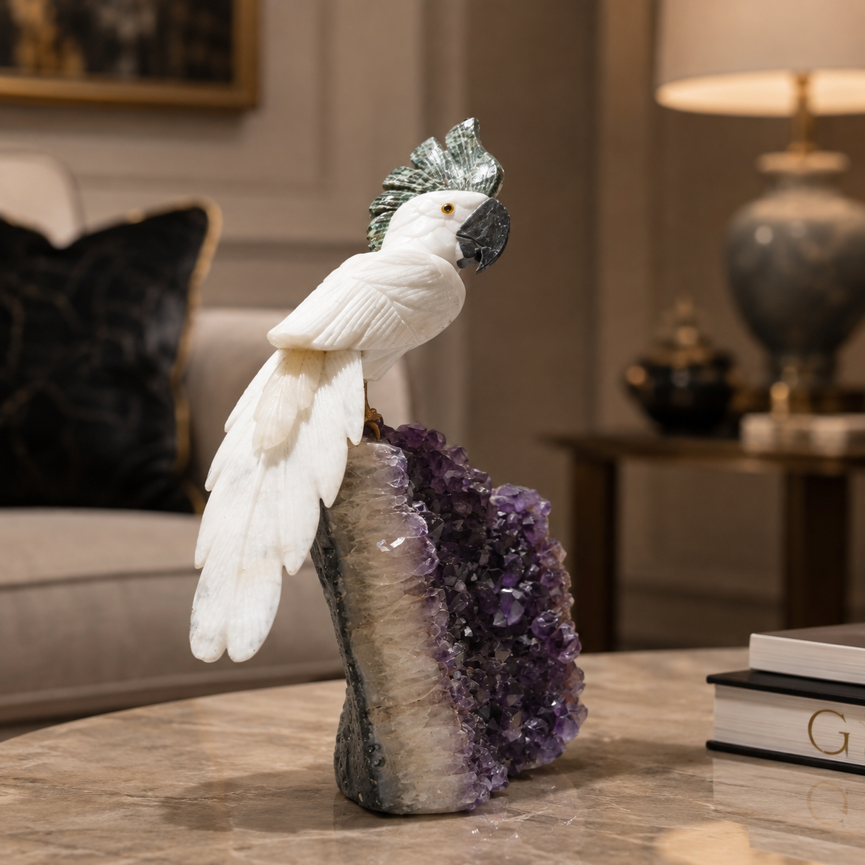 Natural Quartz Crystal Bird Figurine on Amethyst Cluster Base for Protection & Positivity Harmony, 41x19 cm, 5.549 kg