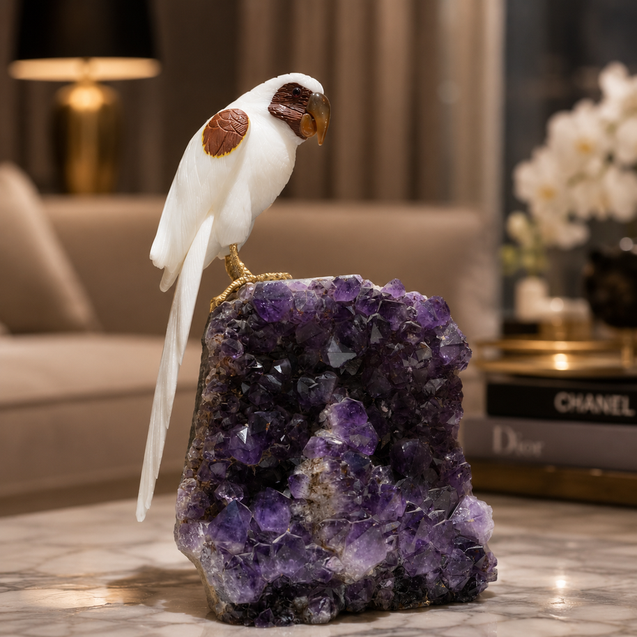 Natural Quartz & Jasper Crystal Bird Figurine on Amethyst Cluster Base for Protection & Positivity Harmony, 21x40 cm, 9.862 kg