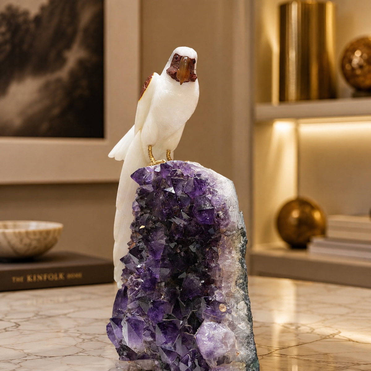 Natural Quartz & Jasper Crystal Bird Figurine on Amethyst Cluster Base for Protection & Positivity Harmony, 21x40 cm, 9.862 kg