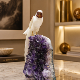 Natural Quartz & Jasper Crystal Bird Figurine on Amethyst Cluster Base for Protection & Positivity Harmony, 21x40 cm, 9.862 kg