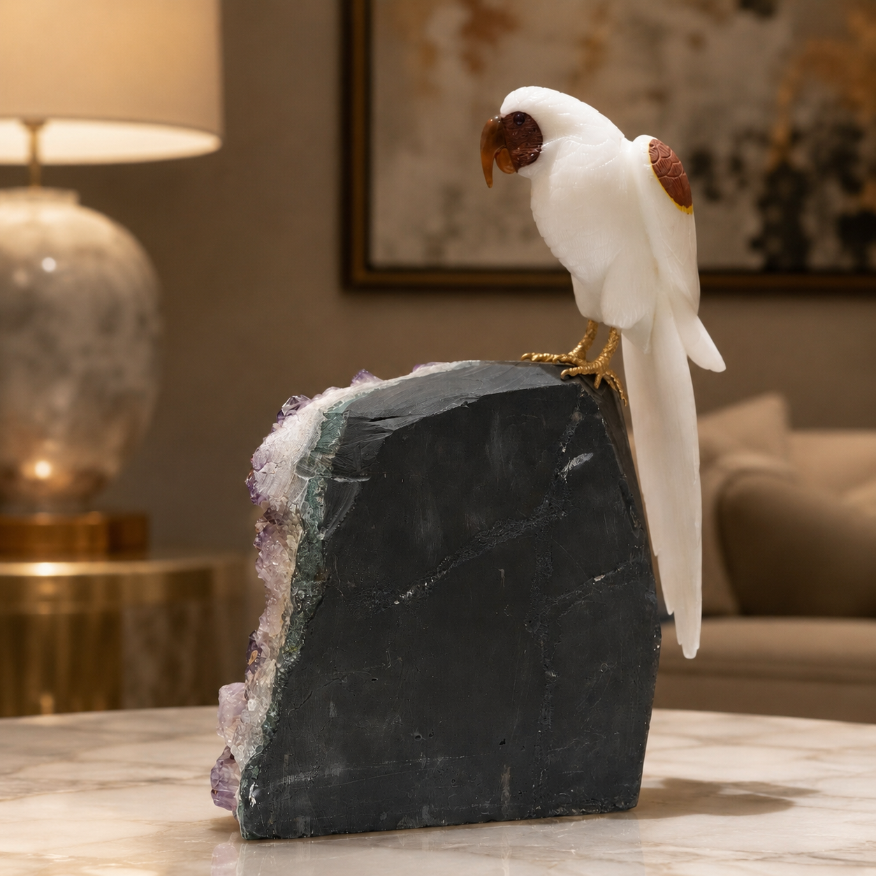 Natural Quartz & Jasper Crystal Bird Figurine on Amethyst Cluster Base for Protection & Positivity Harmony, 21x40 cm, 9.862 kg
