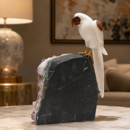 Natural Quartz & Jasper Crystal Bird Figurine on Amethyst Cluster Base for Protection & Positivity Harmony, 21x40 cm, 9.862 kg