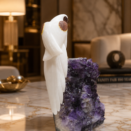 Natural Quartz & Jasper Crystal Bird Figurine on Amethyst Cluster Base for Protection & Positivity Harmony, 21x40 cm, 9.862 kg