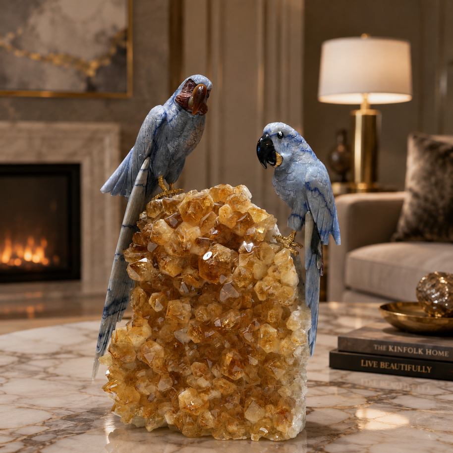 Natural Sodalite Crystal Bird Figurine on Citrine Cluster Base for Protection & Positivity Harmony, 21x35 cm, 7.085 kg