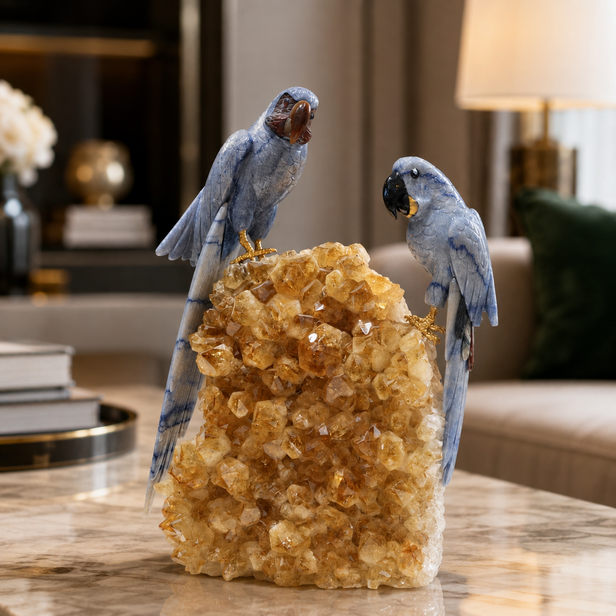 Natural Sodalite Crystal Bird Figurine on Citrine Cluster Base for Protection & Positivity Harmony, 21x35 cm, 7.085 kg
