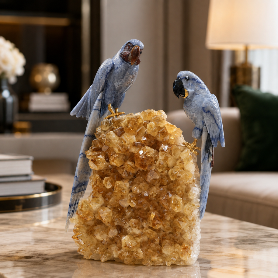 Natural Sodalite Crystal Bird Figurine on Citrine Cluster Base for Protection & Positivity Harmony, 21x35 cm, 7.085 kg