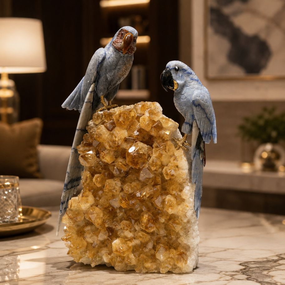 Natural Sodalite Crystal Bird Figurine on Citrine Cluster Base for Protection & Positivity Harmony, 21x35 cm, 7.085 kg