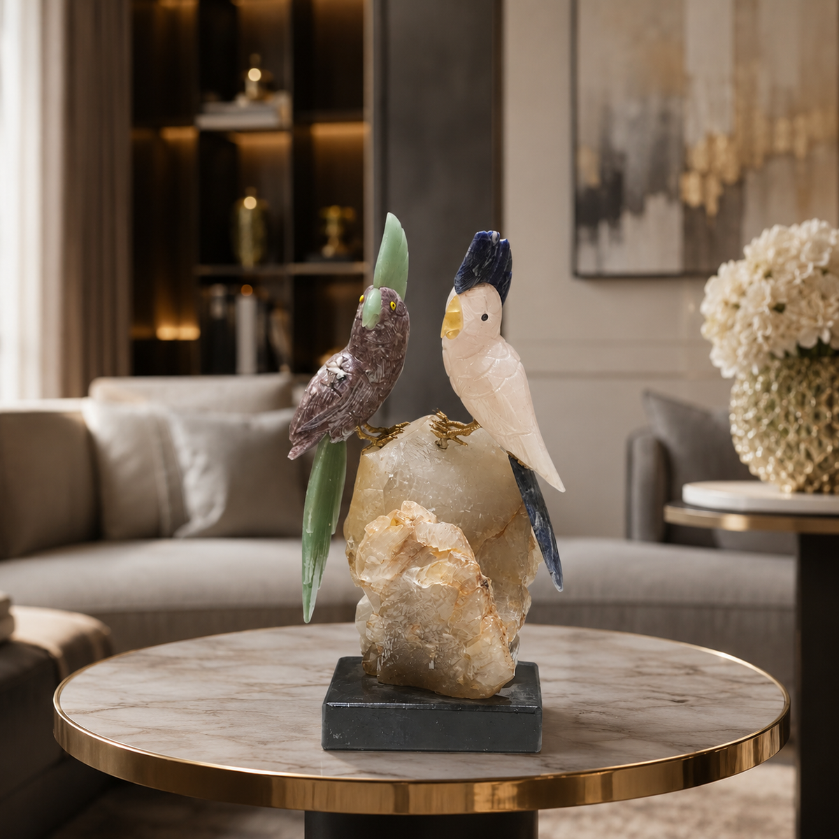 Natural Rose Quartz & Jasper Crystal Bird Figurine on Quartz Cluster Base for Protection & Positivity Harmony, 10x27 cm, 2.664 kg