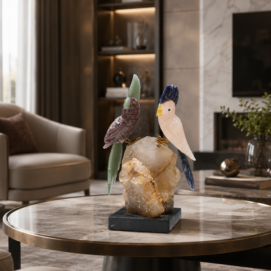 Natural Rose Quartz & Jasper Crystal Bird Figurine on Quartz Cluster Base for Protection & Positivity Harmony, 10x27 cm, 2.664 kg