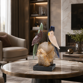Natural Rose Quartz & Jasper Crystal Bird Figurine on Quartz Cluster Base for Protection & Positivity Harmony, 10x27 cm, 2.664 kg